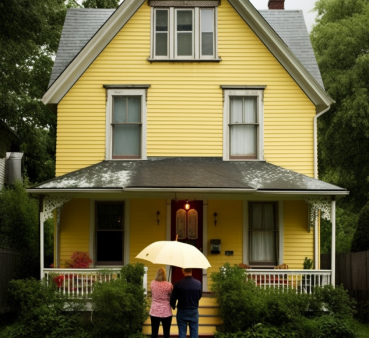photo de deux personnes sous unparaplui devant une maison jaune
